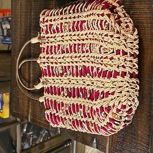 Rare Vintage 90s Cottagecore Vera Bradley Red Leaf & Woven Straw Handbag